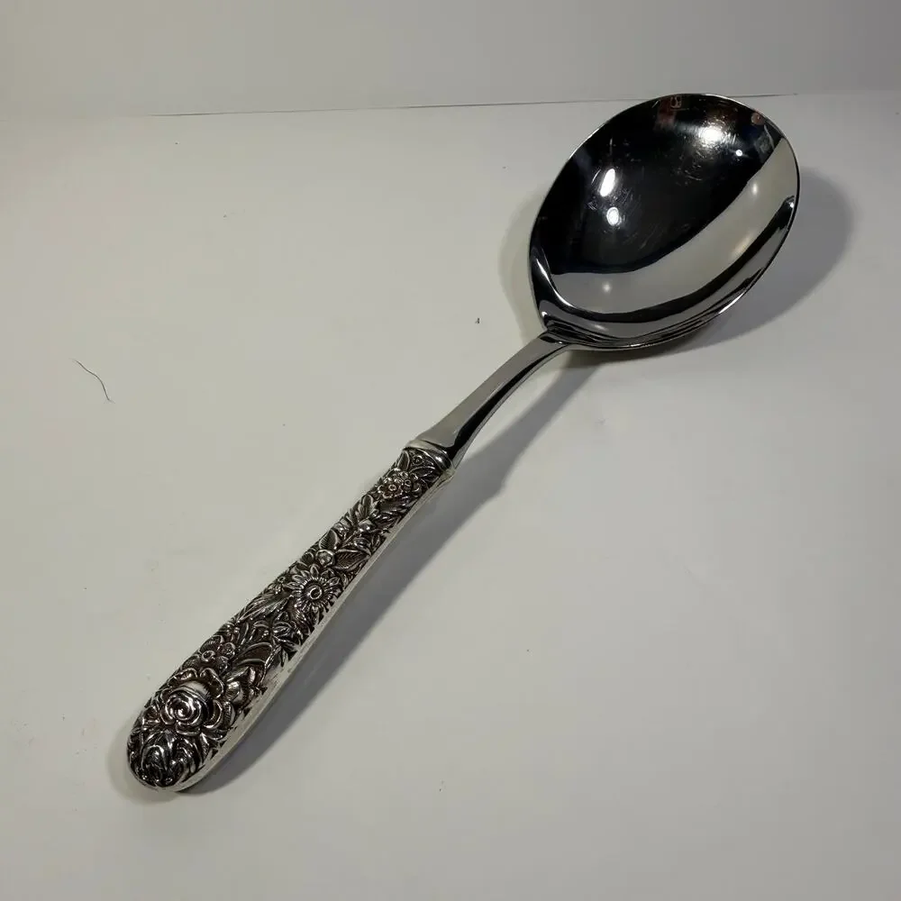 Kirk Stieff Sterling Silver Handle Repousse Floral Motif Casserole Spoon 10inch
